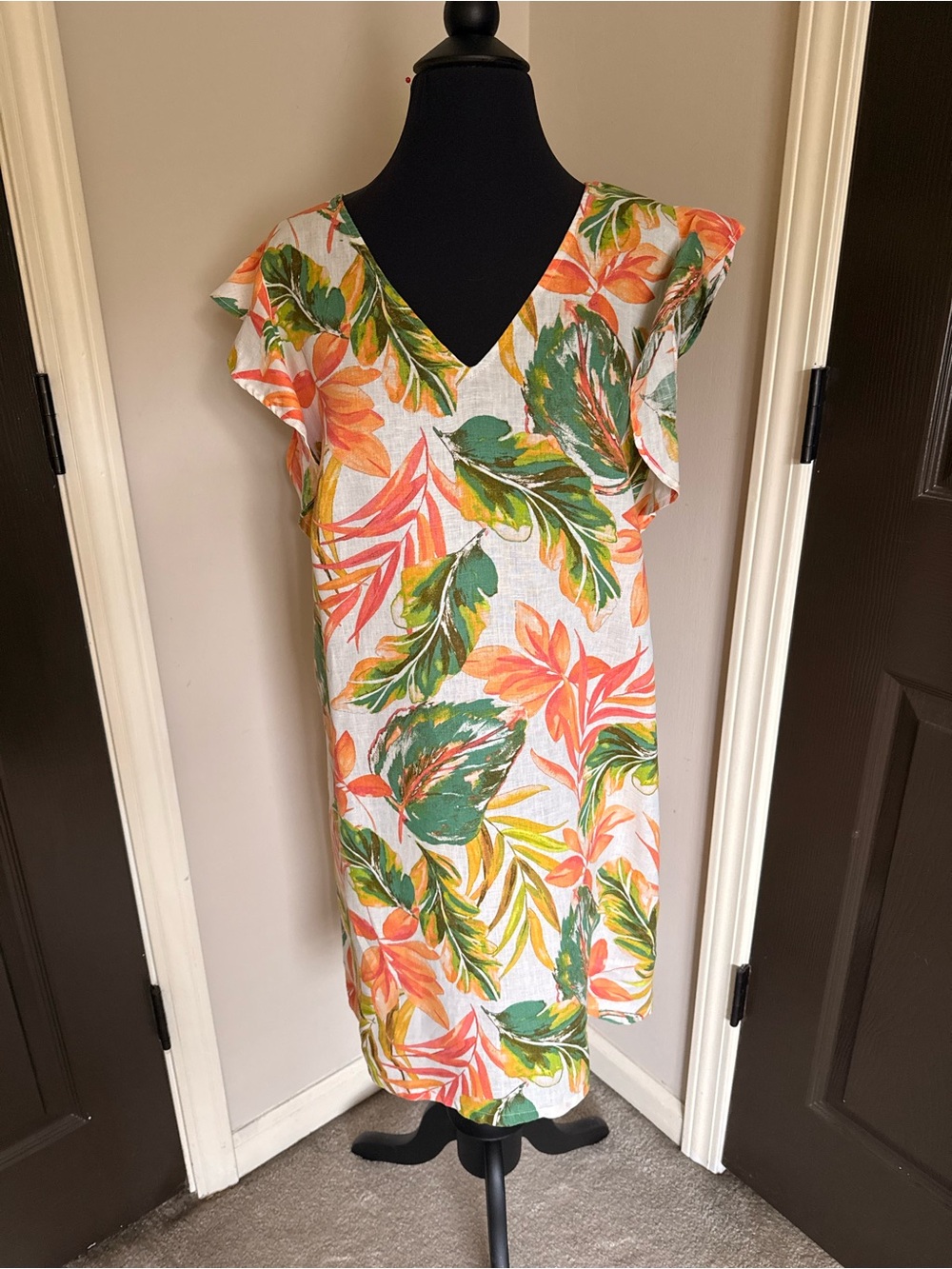 Nicole Miller Coral, Green and Yellow Tropical Midi Dress